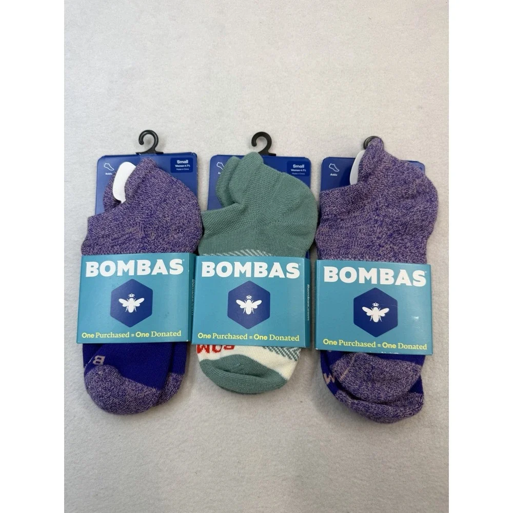 3 Pairs Bombas Marls & Tri-block Ankle Socks Violet Green Women's Small 4-7.5